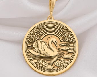 14K Gold Swan Medallion Pendant, Sterling Silver Lotus Pond Necklace, Elegant Bird Charm, Serene Water Talisman, Grace Symbol Gift