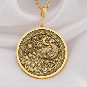 14K Gold Peacock Necklace, Sterling Silver Bird Pendant, Mandala Animal Jewelry, Elegant Gift for Her, Nature Inspired Handmade  Round Charm