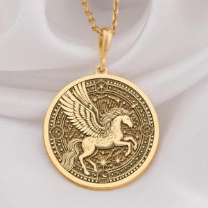 14K Gold Pegasus Necklace, Sterling Silver Winged Horse Pendant, Mythology Medallion Jewelry, Celestial Greek Gift, Handmade Pegasus Charm