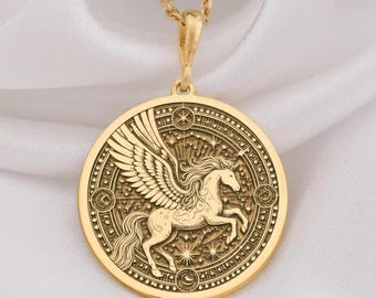 14K Gold Pegasus Medallion Necklace, Sterling Silver Winged Horse, Mythology Jewelry