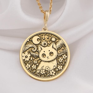 14K Gold Cat Pendant, Van Gogh Starry Night Inspired, Sterling Silver Charm