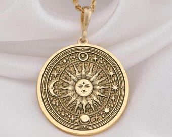 14K Gold strahlende Sonne Halskette, Sterling Silber handgemachter himmlischer Anhänger, zierlicher Schmuck, Boho Geschenk für sie, Astrologie Charm