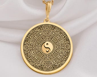 14K Gold Bagua Necklace, Sterling Silver Yin Yang Pendant, Feng Shui Talisman, Taoism Protection Jewelry for Spiritual Balance