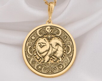 14K Gold Pomeranian Dog Pendant, Celestial Pet Medallion