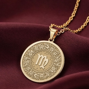 14K Gold Virgo Zodiac Necklace, Sterling Silver Astrology Pendant, Floral Horoscope Medallion, Virgo Sign Birthday Gift, Astrology Jewelry