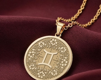 Naszyjnik z medalionem zodiaku Bliźnięta ze złota 14K, wisior z kwiatowym motywem astrologicznym
