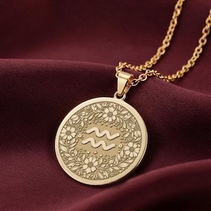 14K Gold Aquarius Zodiac Medallion Pendant, Sterling Silver Astrology Necklace, Floral Charm, Personalized Zodiac Gift,Horoscope Jewelry
