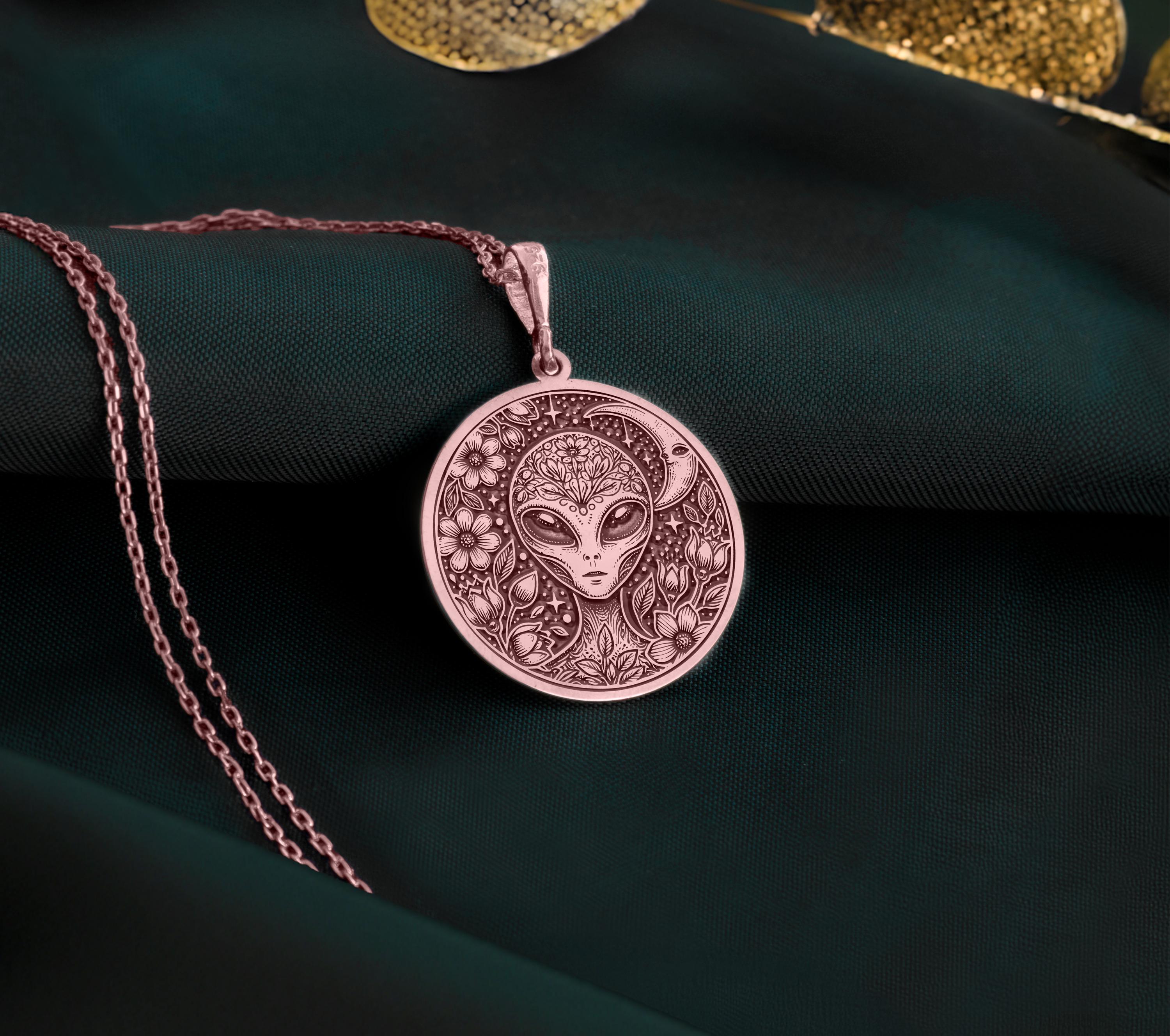 14K Gold Alien Pendant, Sterling Silver Cosmic Medallion, Sci-fi ...
