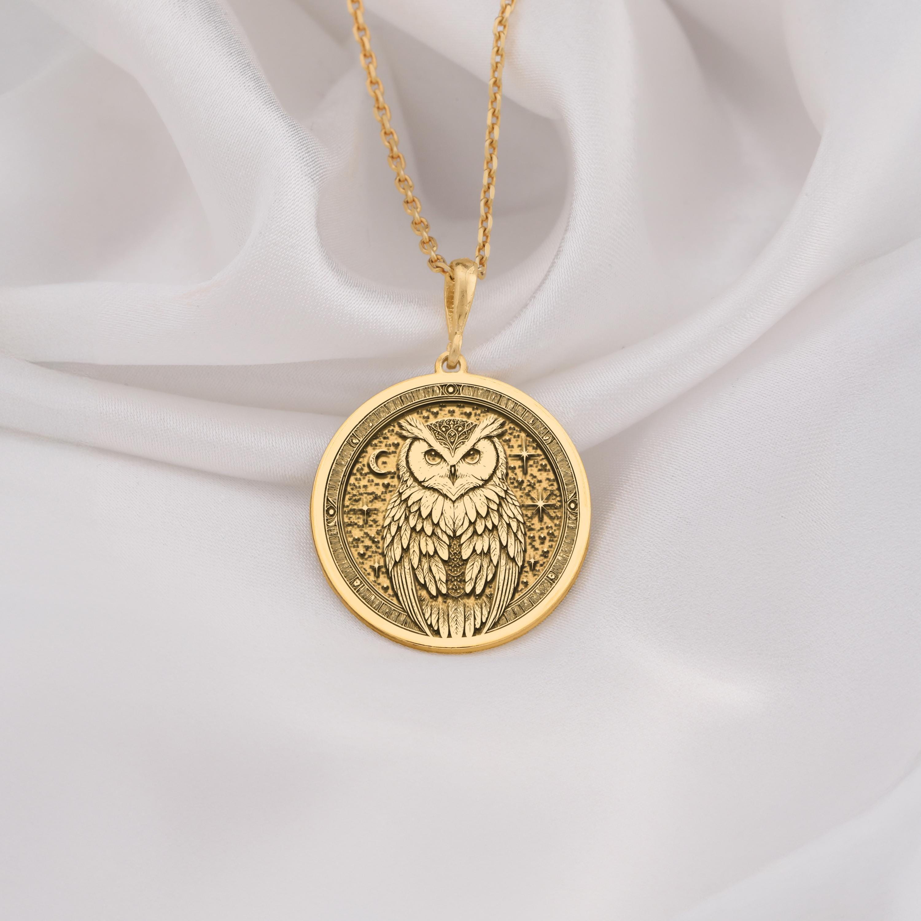 14K Gold Owl Medallion Necklace, Wisdom Amulet Pendant