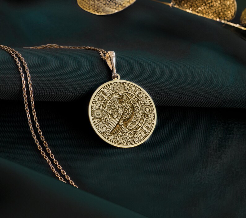 14K Gold Raven Aztec Calendar Pendant, Sterling Silver Necklace - Etsy
