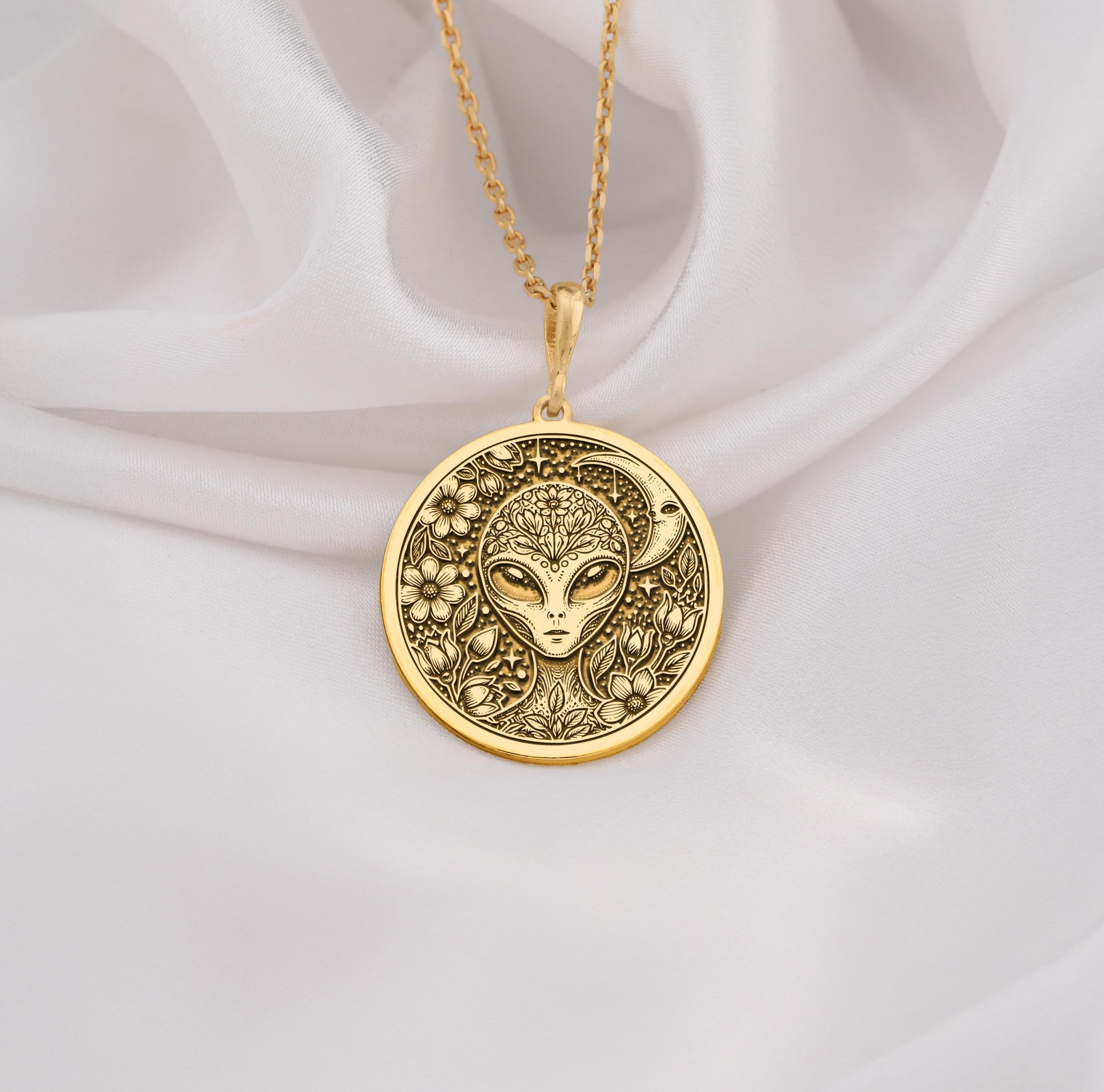 14K Gold Alien Pendant, Sterling Silver Extraterrestrial Necklace, Cosmic Medallion, Sci-Fi Jewelry, Space Coin Charm, Handmade Gift