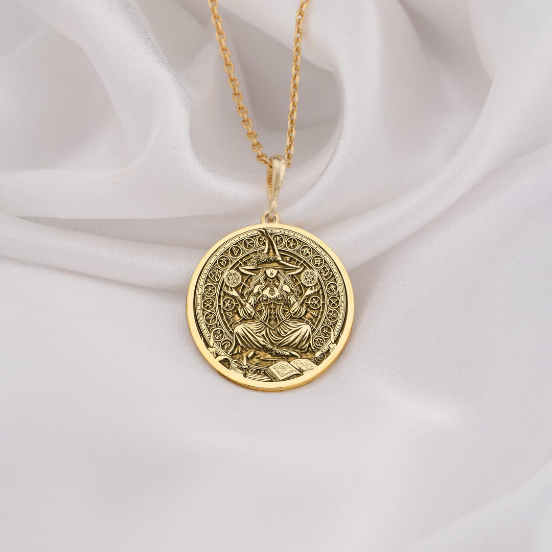 14K Gold Witch Necklace, Mystic Sorceress Amulet, Sterling Silver ...