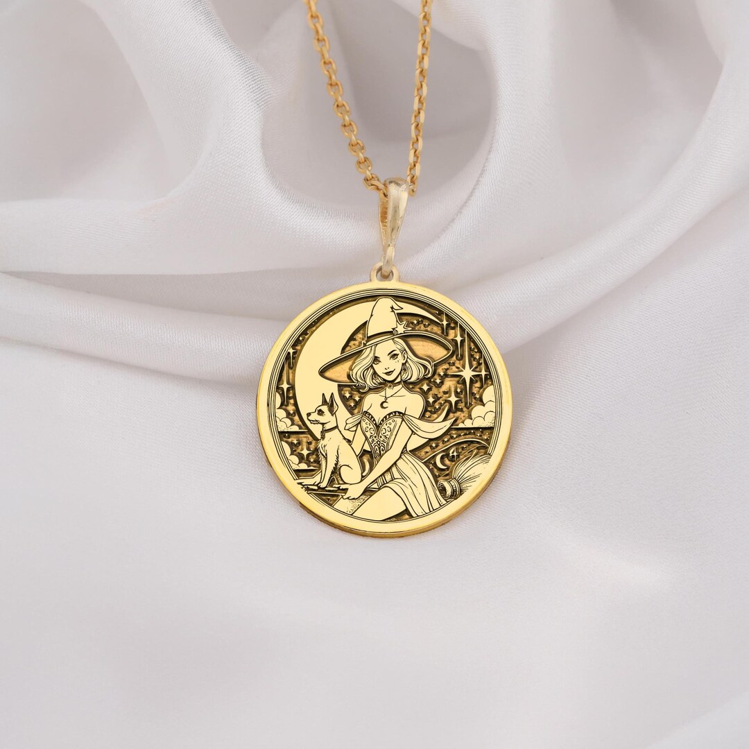 14K Gold Witch and Chihuahua Pendant Necklace, Sterling Silver Fairy ...