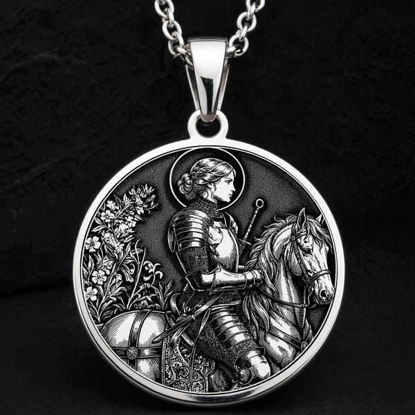 Saint Joan of Arc Necklace 925 Sterling Silver Medieval Warrior Pendant