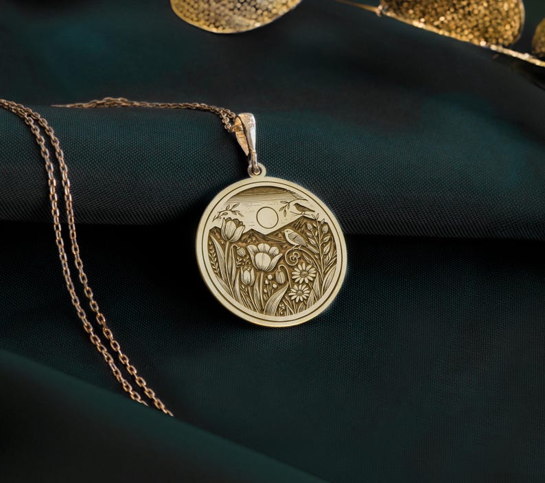 14K Gold Nature Scene Medallion, Sterling Silver Mountain Necklace - Etsy