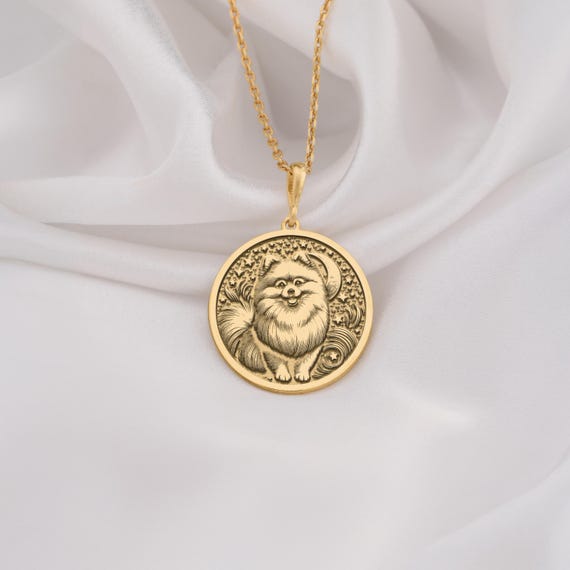 14K Gold Pomeranian Medallion, Sterling Silver Fluffy Dog Charm