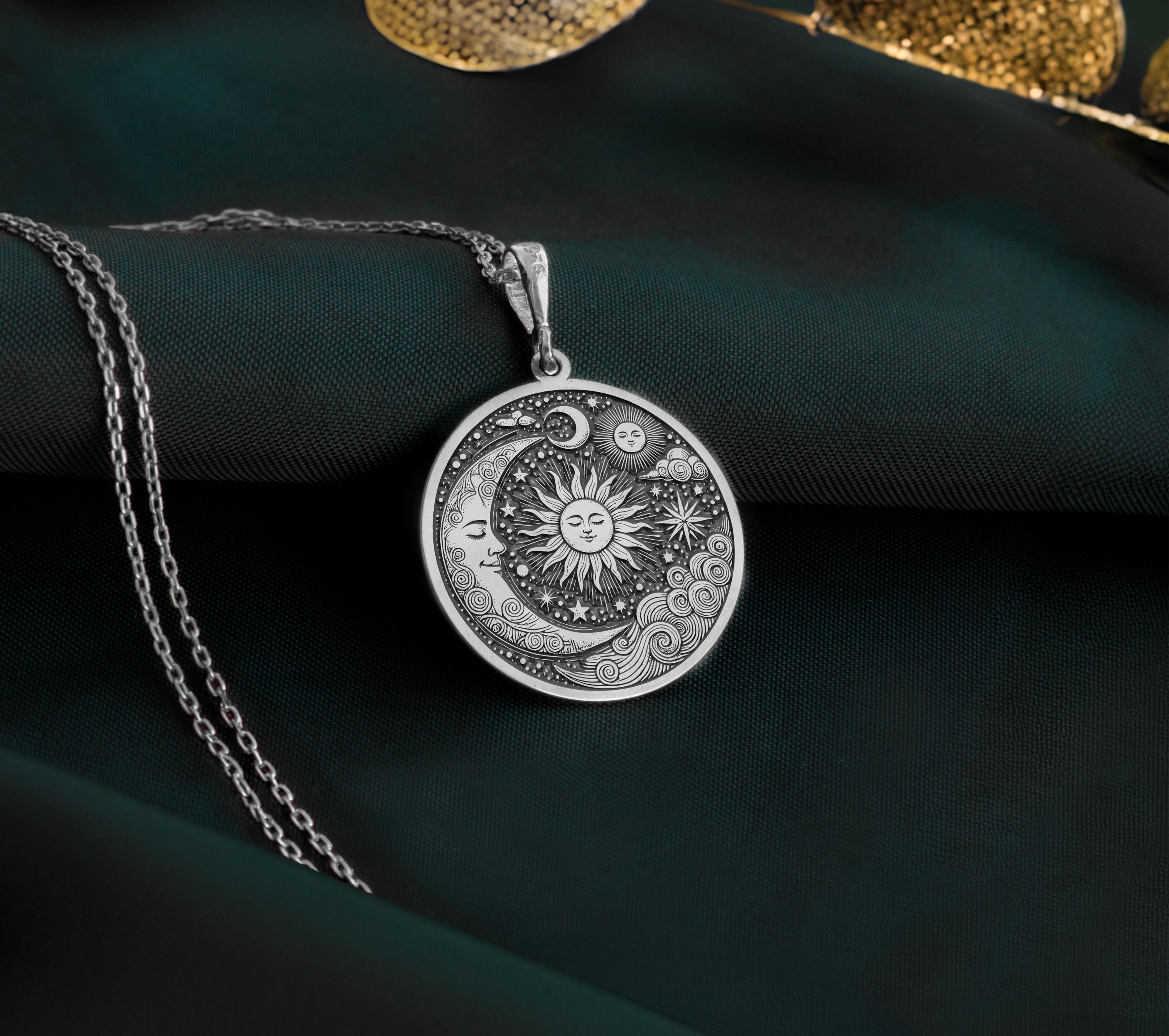 14K Gold Celestial Necklace, Sterling Silver Sun & Moon Pendant ...