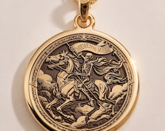 14K Gold Memento Mori Medallion Necklace, Skeleton Horseman Pendant