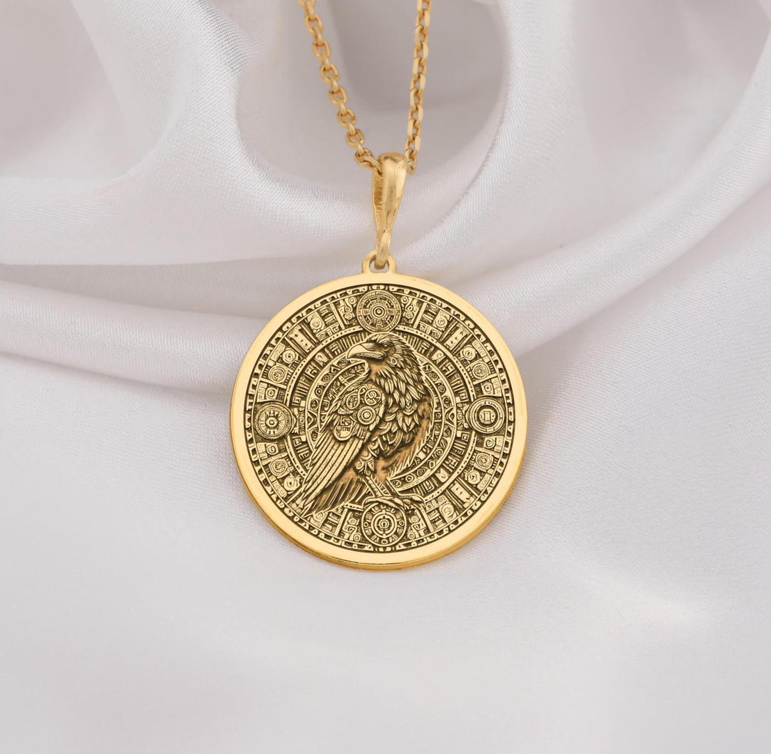 14K Gold Raven Aztec Calendar Pendant, Sterling Silver Necklace - Etsy