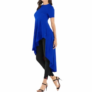 Women's Royal blue asymmetrical high low tunic top, short sleeves.