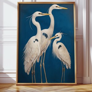 White Heron Poster,Realistic Bird Wall Art,Coastal Wildlife Print,Graceful Egret Painting,Blue Background Digital Download,Beach Decor
