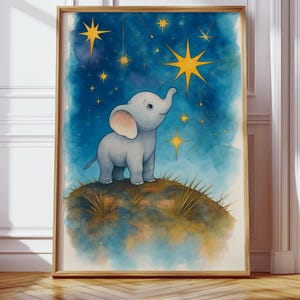 Baby Elefant Wandkunst, Safari Kinderzimmer Stern Poster, Süßer Tierdruck, Blauer Nachthimmel, Aquarell Elefant, Kinderzimmer Dekor, Dschungel Druckbare Kunst