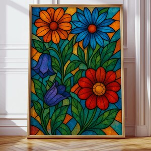 Stained Glass Flower Wall Art,Suncatcher Print,Colorful Floral Digital Print,Vibrant Botanical Poster,Rainbow Glass Art,Maximalist Decor