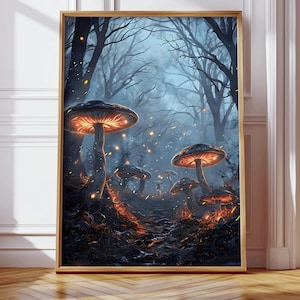 Enchanted Forest Wall Art, Ethereal Mushroom Woodland Scene,Magical Mystical Print,Glowing Mushroom Forest Poster, Fantasy Wall Print