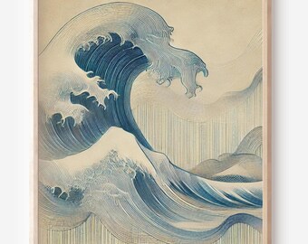 May include: A blue and white abstract art print of a wave, reminiscent of the Great Wave off Kanagawa by Hokusai. The wave is depicted with a series of lines, creating a textured effect.