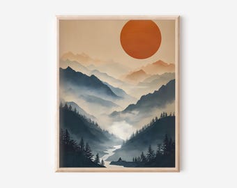 Arte mural japonés, paisaje de montaña brumosa, obra de arte zen moderna, impresión minimalista de naturaleza, decoración neutra y serena