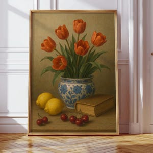 Arte mural de tulipanes, póster de jarrón azul chinoiserie, decoración floral vintage, estética de libros y flores, pintura al óleo, bodegón digital, arte de cocina