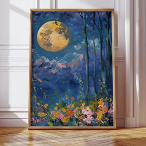 Moon above the wildflowers and woodland art print,Full moon above nature oil painting,Flowers and trees, Mystical midnight enchanted art