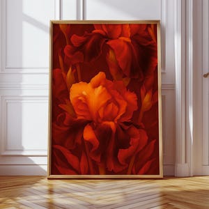 Art mural iris rouge, imprimé floral romantique sombre, affiche botanique dramatique, art floral minimaliste, téléchargement de pétales maussades, déco baroque audacieuse