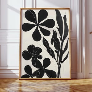 Moody Wall Art,  Black Floral Print, Oversized Flower Print, Abstract Mid Century Poster, Minimal Japandi Black & Beige Flower Print