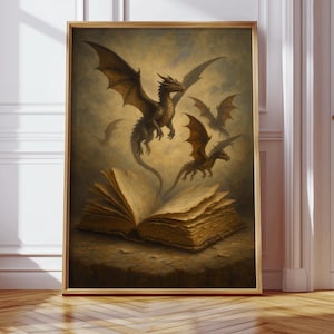 Dragones Voladores, Libro de Magia, Póster de Dragón de Fantasía, Impresión de Pared de Libro Mágico, Libro de Hechizos de Alas de Fuego, Pergamino Encantado Vintage, Descarga Digital