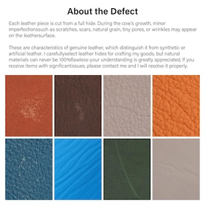 May include: Image showcasing various leather swatches in shades of orange, brown, gray, blue, and green. The image includes text explaining that imperfections are natural characteristics of genuine leather.