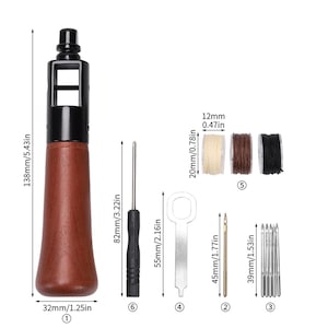 May include: A leather craft tool kit with a brown wooden handle awl, a screwdriver, a needle, a threader, and three needles. The kit also includes three spools of thread in white, brown, and black.