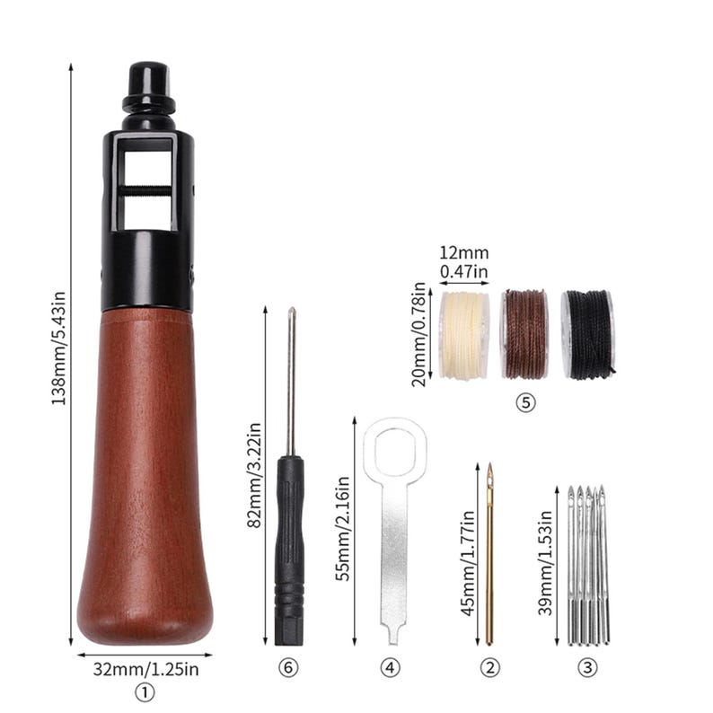May include: A leather craft tool kit with a brown wooden handle awl, a screwdriver, a needle, a threader, and three needles. The kit also includes three spools of thread in white, brown, and black.