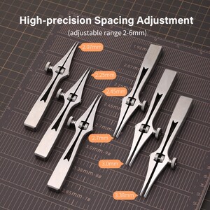 May include: Set of six silver metal spacing tools with adjustable ranges from 2.07 mm to 3.38 mm. The tools are laid out on a black grid background.
