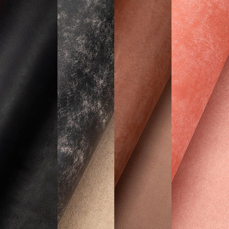 May include: A vertical display of four different leather swatches. The colors range from black to a dark brown, a reddish-brown, and a light coral. The leather has a textured, distressed appearance, with visible grain and subtle variations in color.