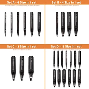 May include: A set of black leathercraft tools, including punches in various sizes. The image shows four sets labeled A through D, each containing multiple tools. Set A has 6 punches, Set B has 4, Set C has 3, and Set D has 13.