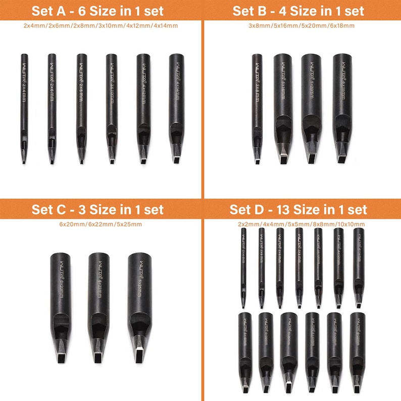 May include: A set of black leathercraft tools, including punches in various sizes. The image shows four sets labeled A through D, each containing multiple tools. Set A has 6 punches, Set B has 4, Set C has 3, and Set D has 13.