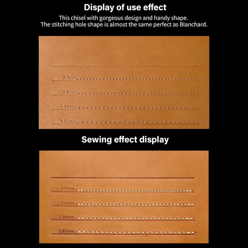 May include: Close-up of a brown leather surface with four rows of stitching holes. The holes are labeled with measurements in millimeters: 2.7mm, 3.0mm, 3.38mm, and 3.85mm. Below the holes is a row of stitching, also labeled with measurements in millimeters.