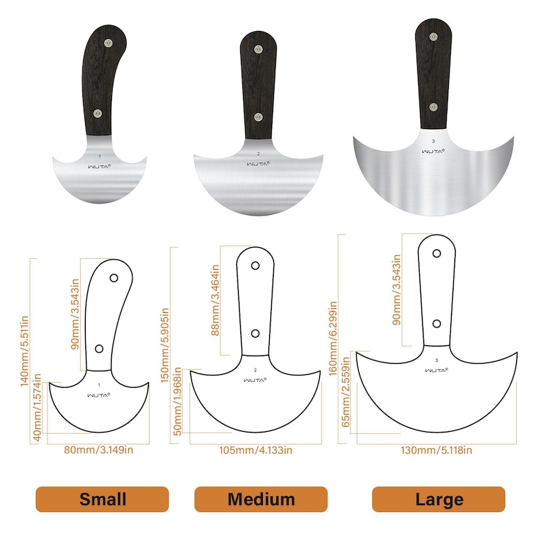 May include: Three stainless steel leather working knives with wooden handles. The knives are labeled small, medium, and large, with dimensions in inches and millimeters. Each knife has a curved blade and a dark wooden handle.
