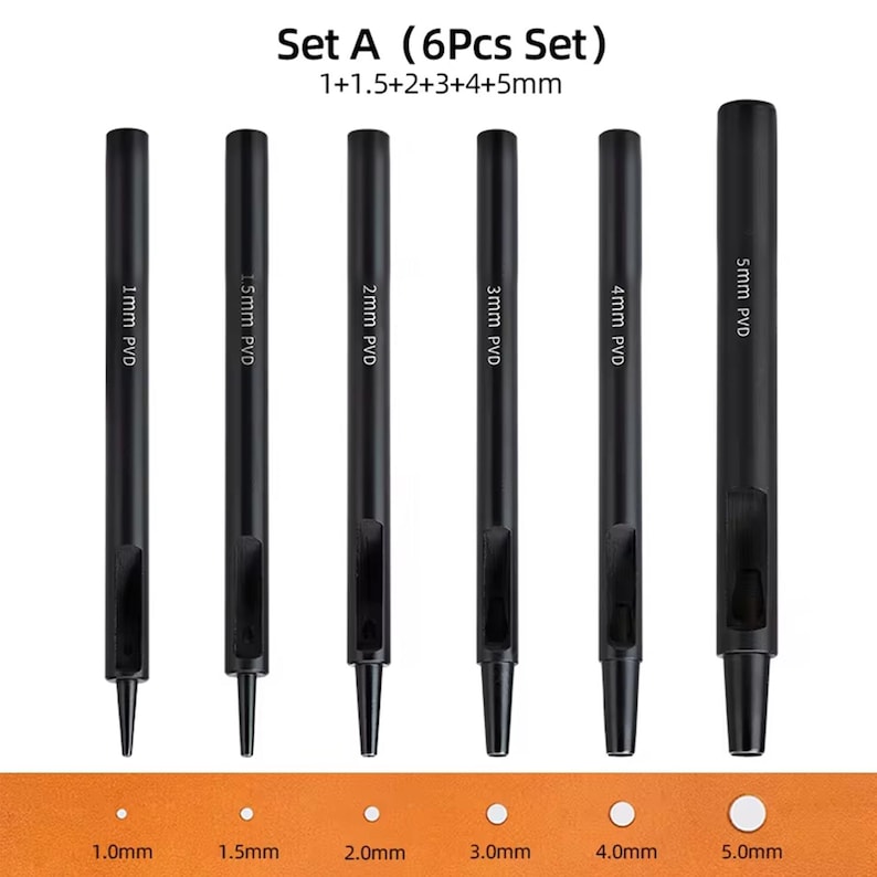 May include: Set of six black leather hole punch tools with different sizes: 1mm, 1.5mm, 2mm, 3mm, 4mm, and 5mm. The tools are labeled with their size and "PVD".