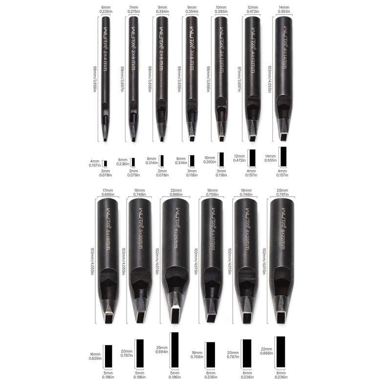 May include: A set of black leathercraft hole punches in various sizes. The punches are labeled with measurements in inches and millimeters, ranging from 6mm to 22mm. The tools are designed for precision and durability.