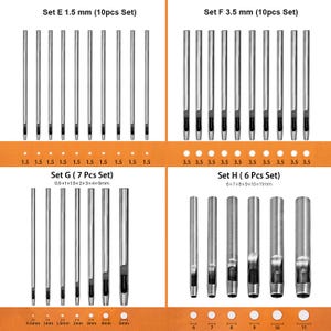 May include: Set of 10 silver metal hole punches with a 1.5 mm diameter, set of 10 silver metal hole punches with a 3.5 mm diameter, set of 7 silver metal hole punches with diameters ranging from 0.5 mm to 5 mm, and set of 6 silver metal hole punches with diameters ranging from 6 mm to 11 mm.