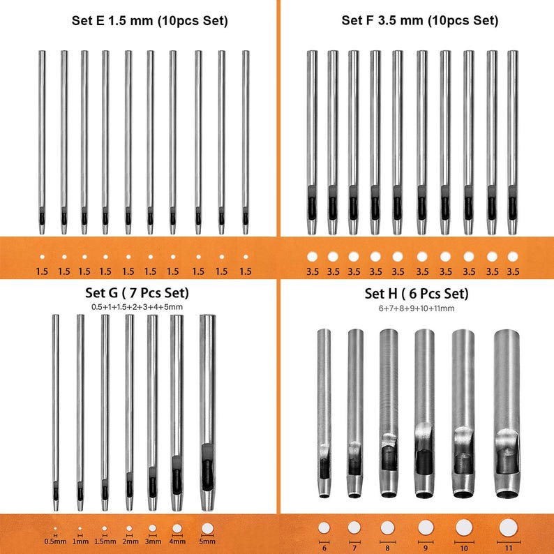 May include: Set of 10 silver metal hole punches with a 1.5 mm diameter, set of 10 silver metal hole punches with a 3.5 mm diameter, set of 7 silver metal hole punches with diameters ranging from 0.5 mm to 5 mm, and set of 6 silver metal hole punches with diameters ranging from 6 mm to 11 mm.