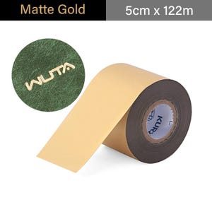 May include: A roll of matte gold foil tape, 5cm wide and 122m long, with a brown core. The tape is unrolled, revealing a light tan adhesive side. A circular emblem with the word "WUTA" is visible.
