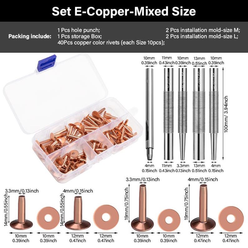 43 Pcs Pure Copper Rivets and Burrs,4 Sizes Set Solid Brass Studs ...